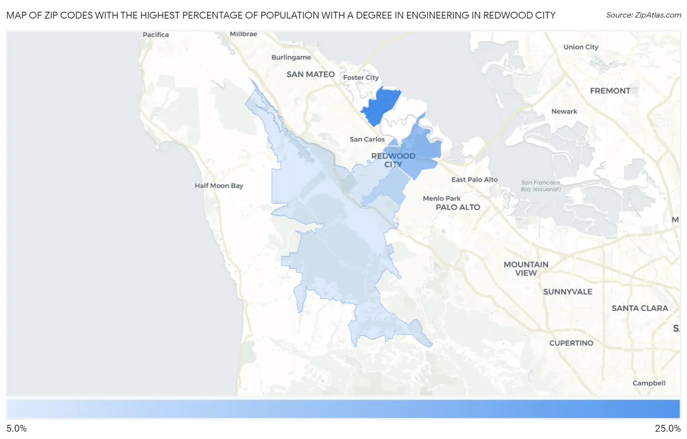 Zip Codes with the Highest Percentage of Population with a Degree in Engineering in Redwood City Map