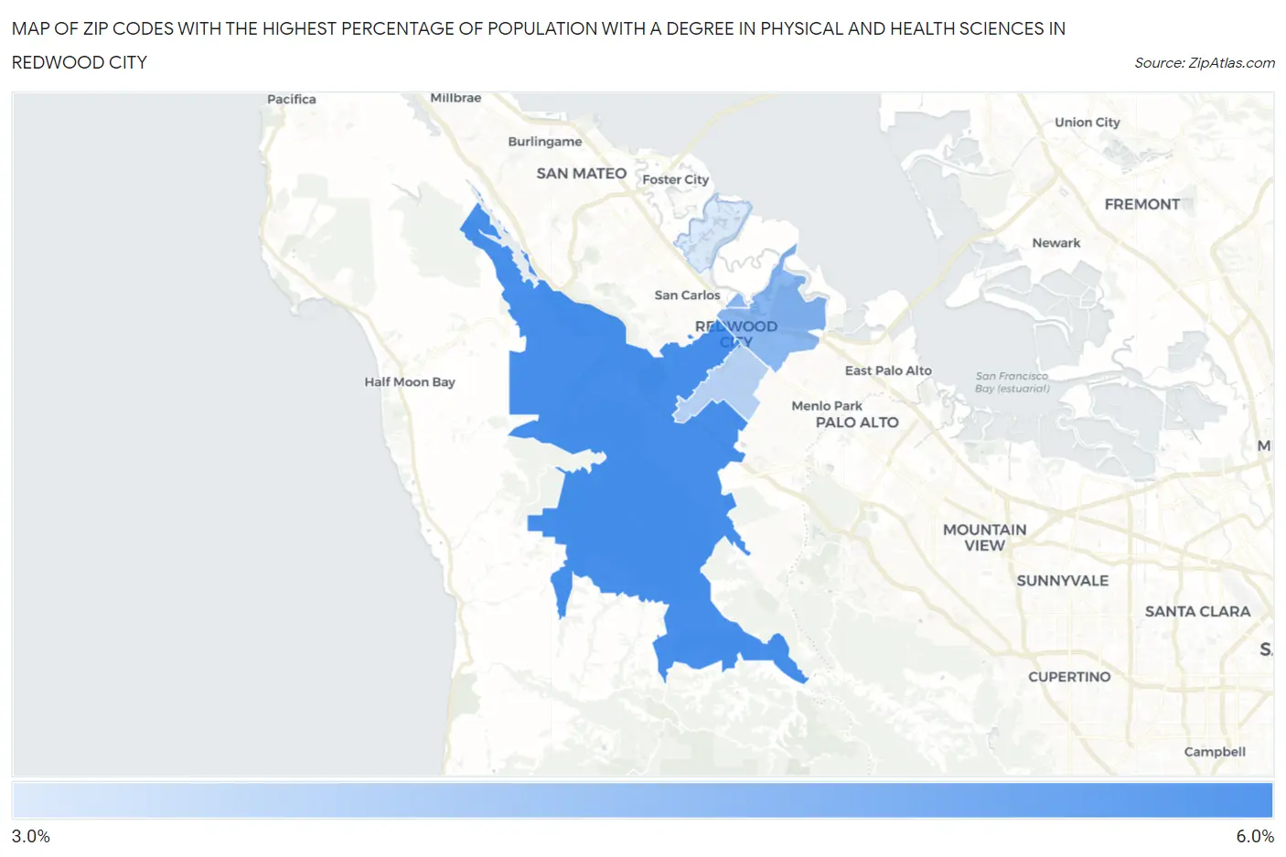 Zip Codes with the Highest Percentage of Population with a Degree in Physical and Health Sciences in Redwood City Map
