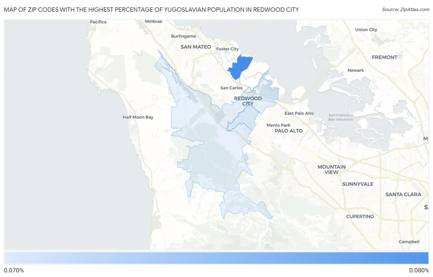 Zip Codes with the Highest Percentage of Yugoslavian Population in Redwood City Map