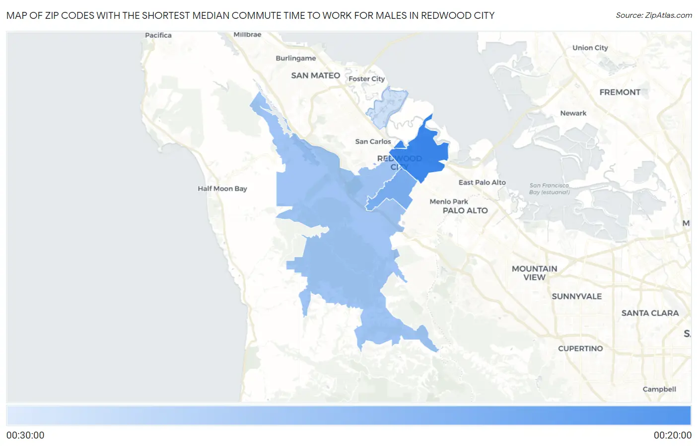 Zip Codes with the Shortest Median Commute Time to Work for Males in Redwood City Map