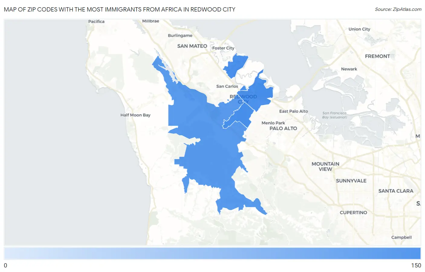 Zip Codes with the Most Immigrants from Africa in Redwood City Map