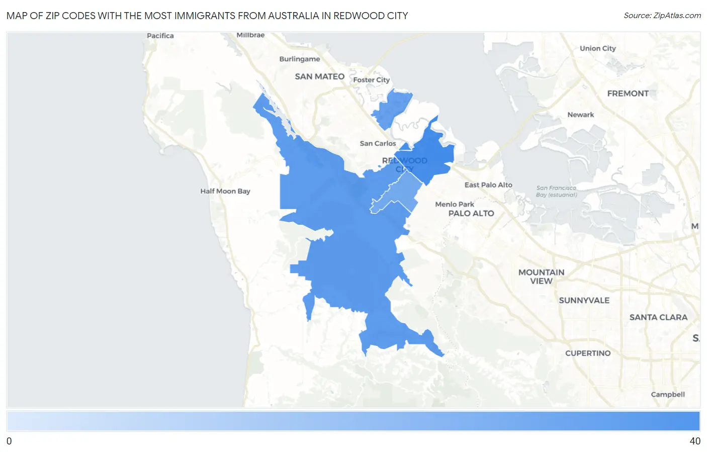 Zip Codes with the Most Immigrants from Australia in Redwood City Map