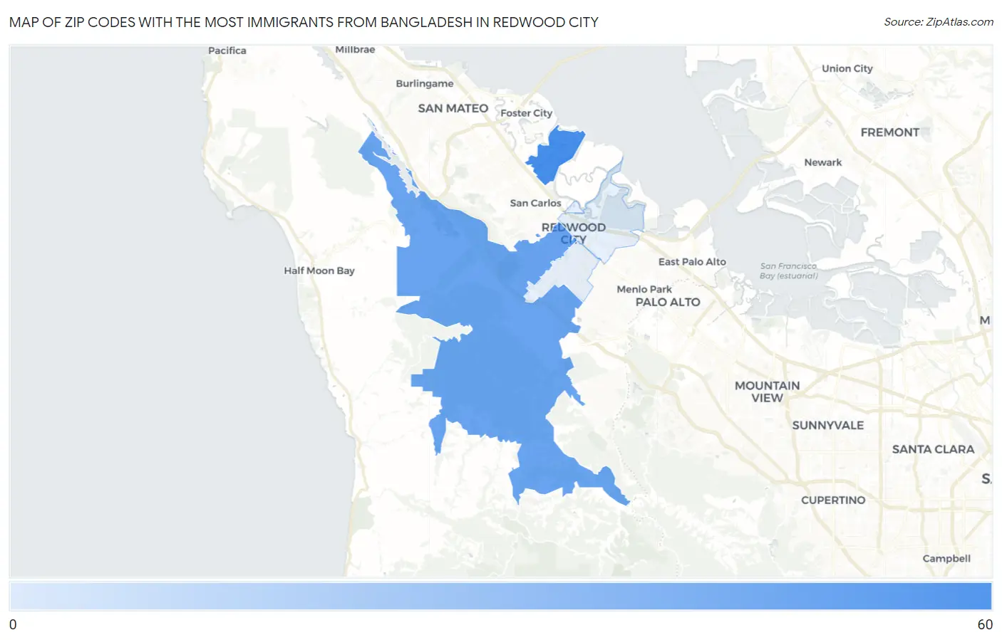 Zip Codes with the Most Immigrants from Bangladesh in Redwood City Map