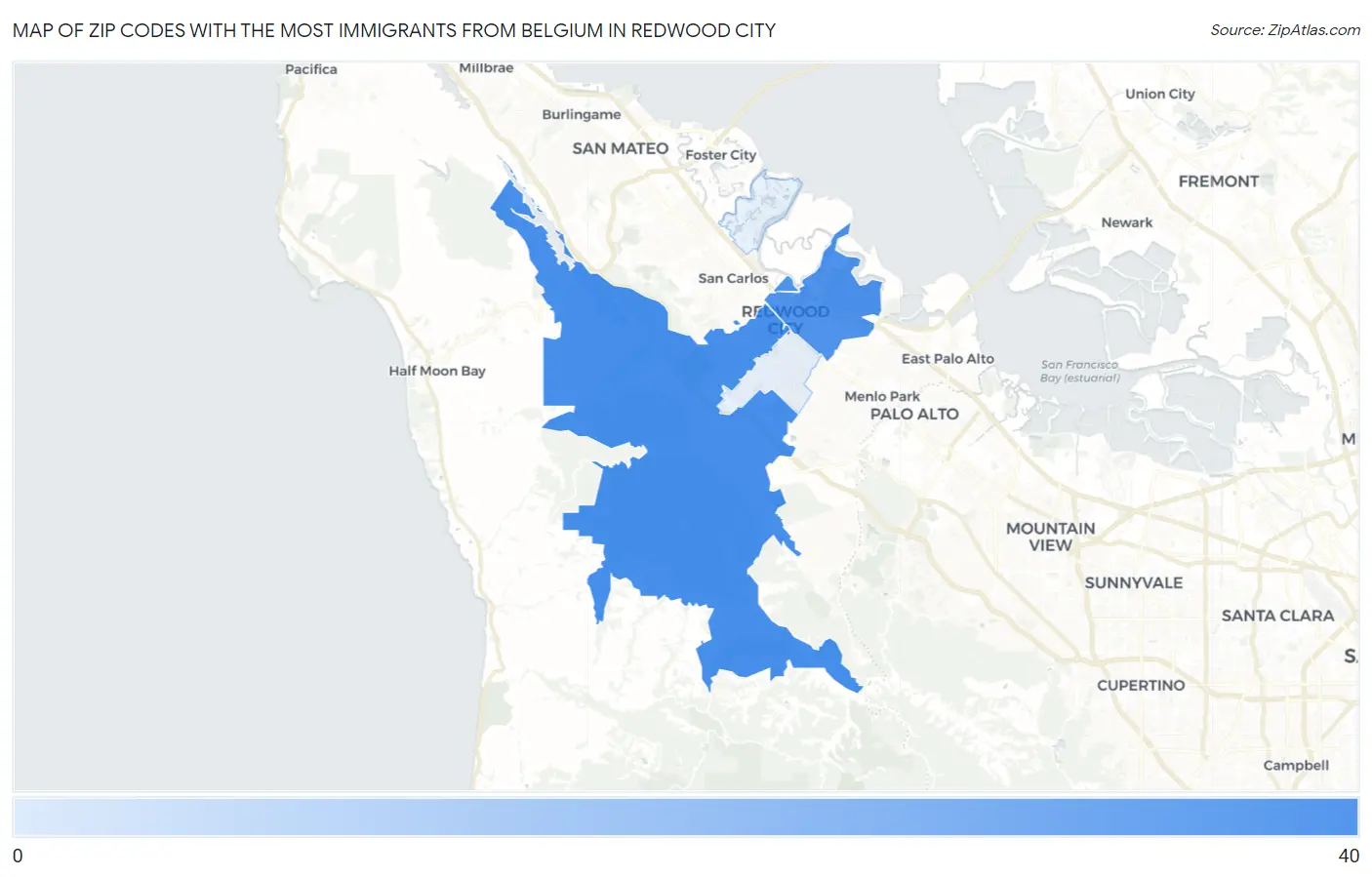 Zip Codes with the Most Immigrants from Belgium in Redwood City Map