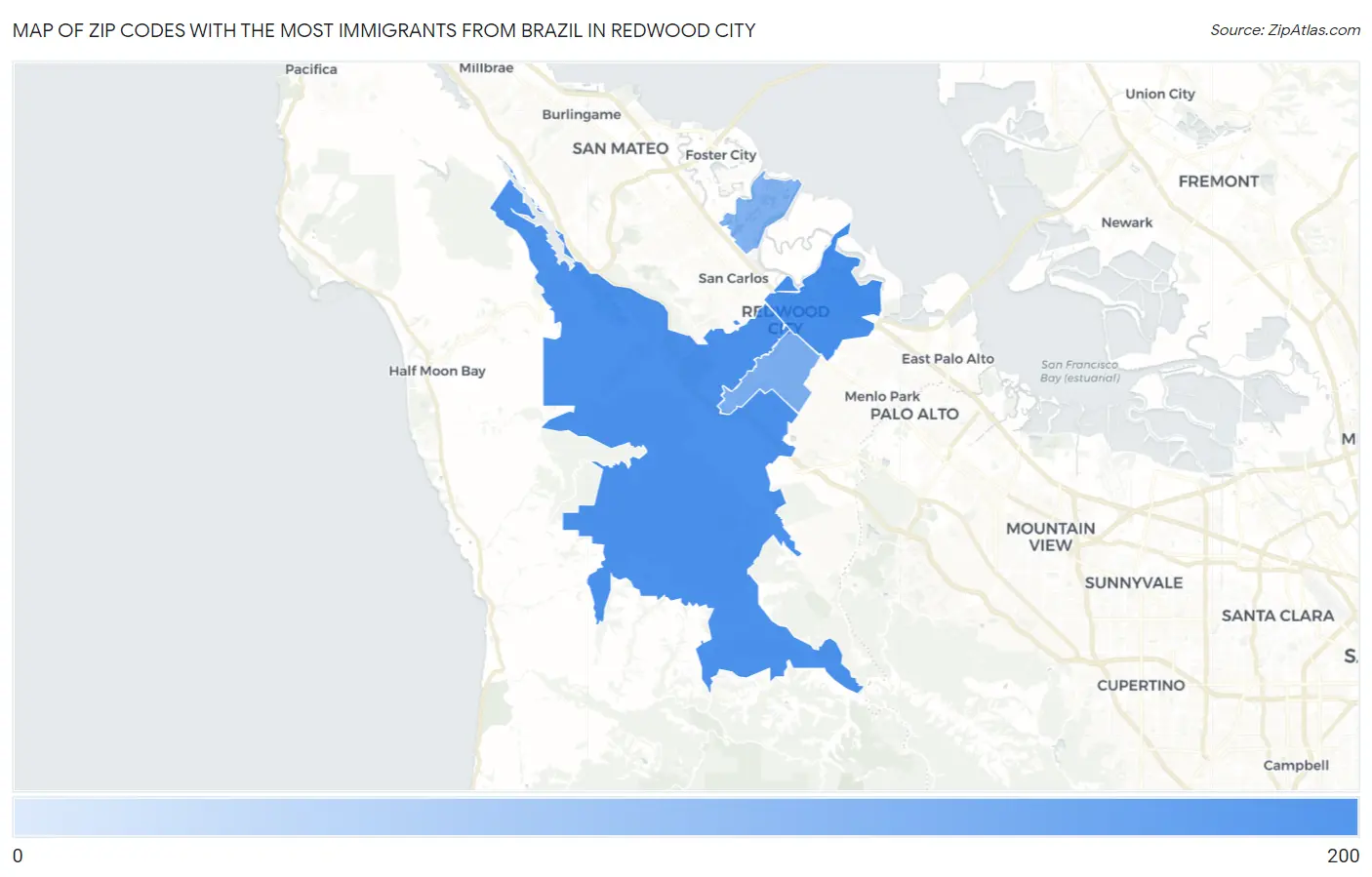 Zip Codes with the Most Immigrants from Brazil in Redwood City Map