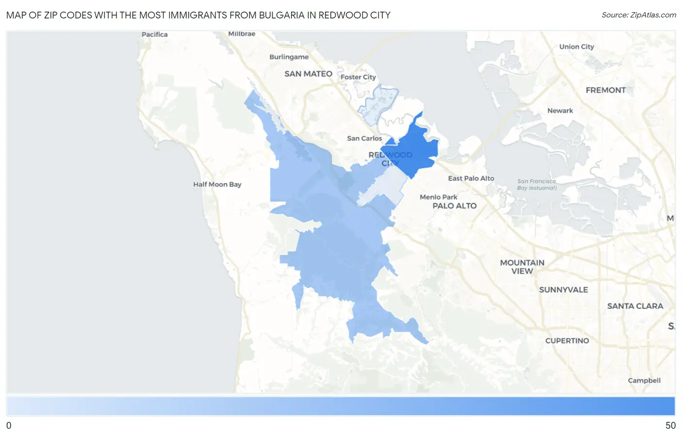 Zip Codes with the Most Immigrants from Bulgaria in Redwood City Map