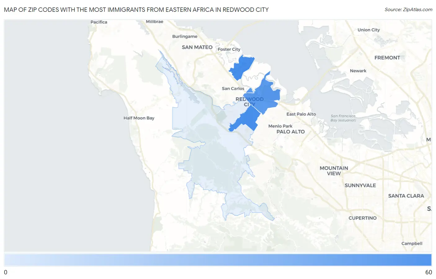 Zip Codes with the Most Immigrants from Eastern Africa in Redwood City Map