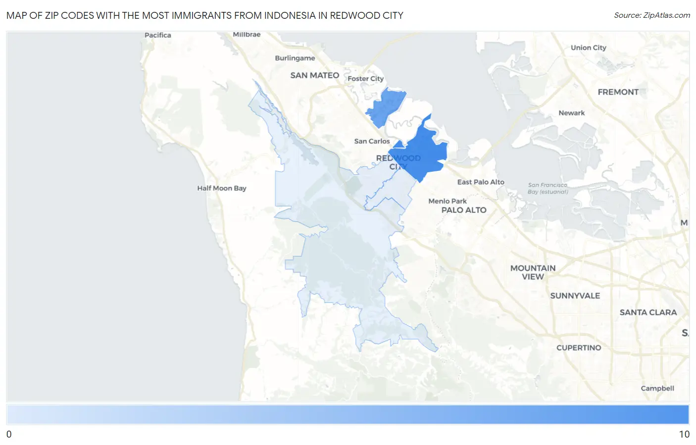 Zip Codes with the Most Immigrants from Indonesia in Redwood City Map