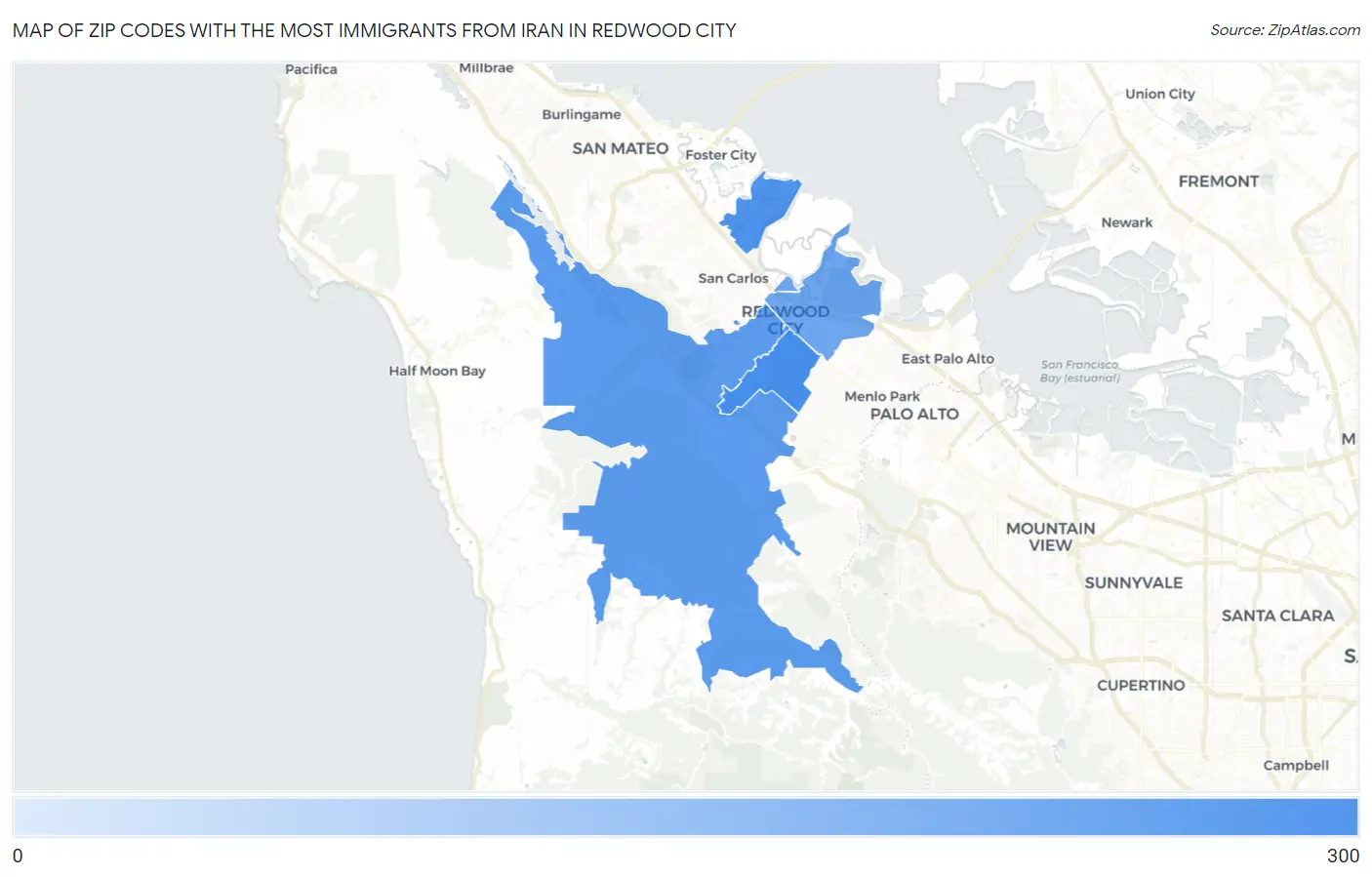 Zip Codes with the Most Immigrants from Iran in Redwood City Map