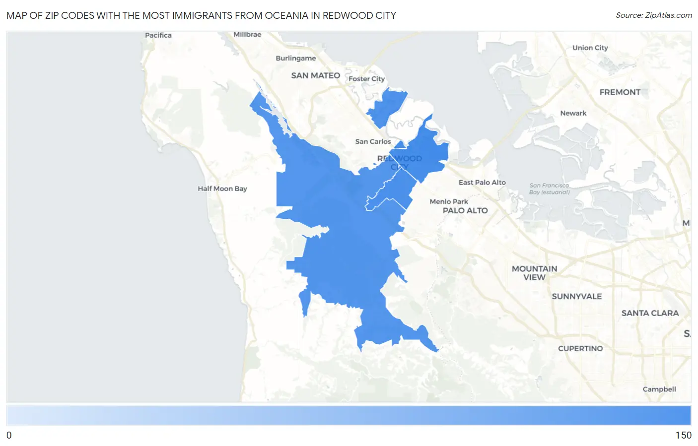 Zip Codes with the Most Immigrants from Oceania in Redwood City Map