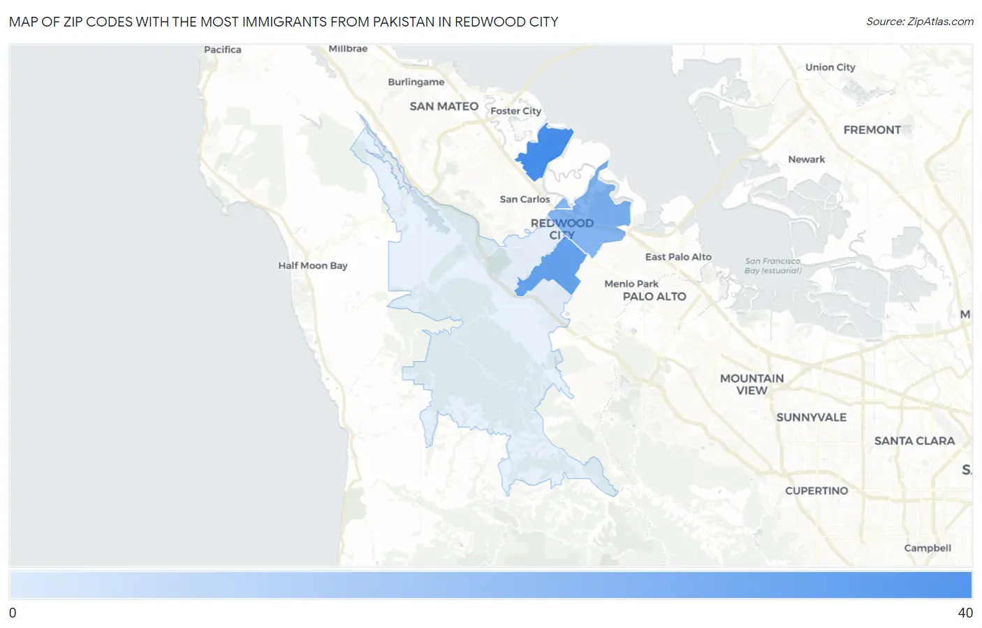 Zip Codes with the Most Immigrants from Pakistan in Redwood City Map