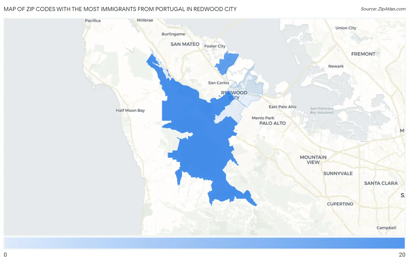 Zip Codes with the Most Immigrants from Portugal in Redwood City Map