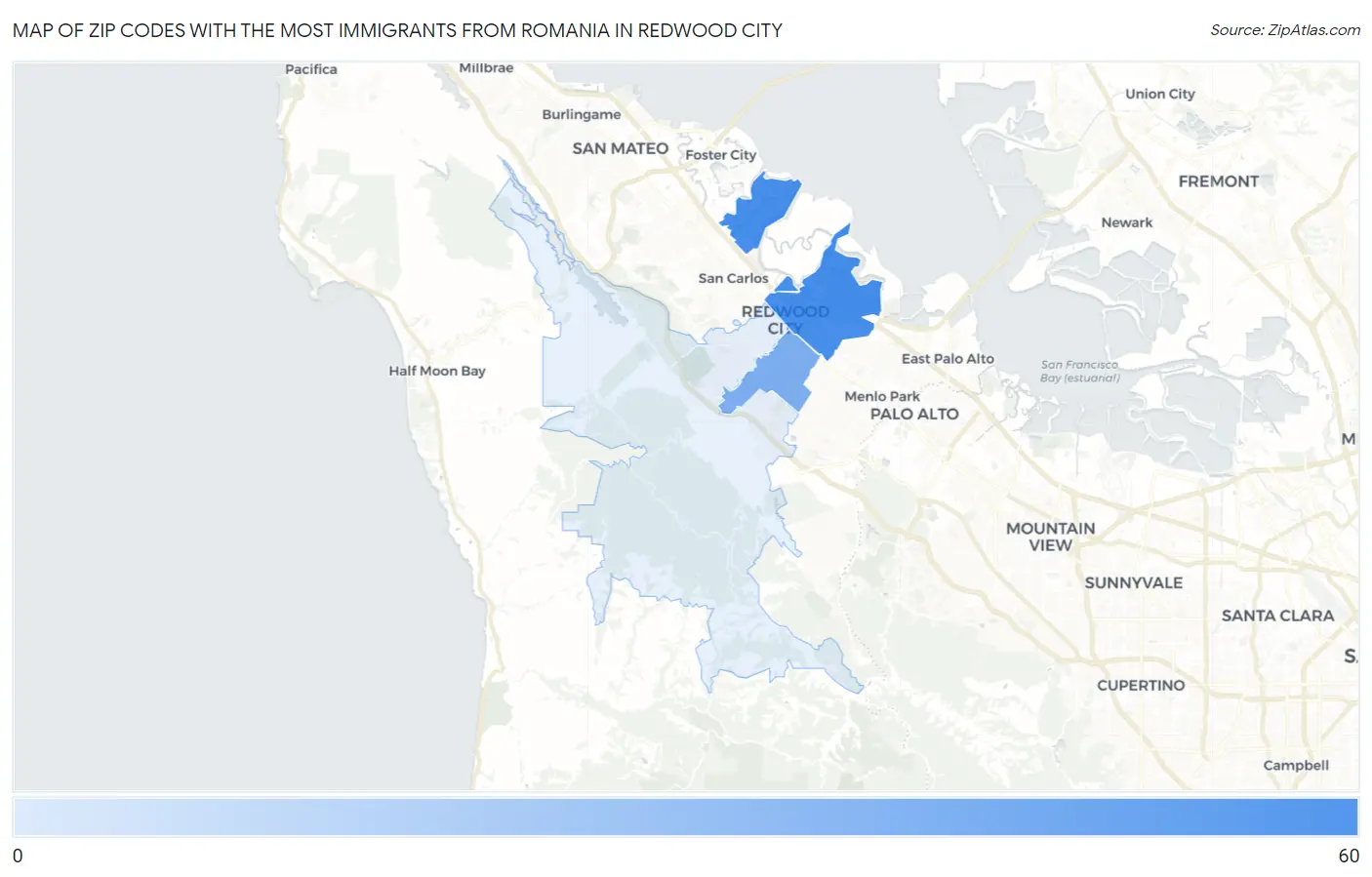 Zip Codes with the Most Immigrants from Romania in Redwood City Map