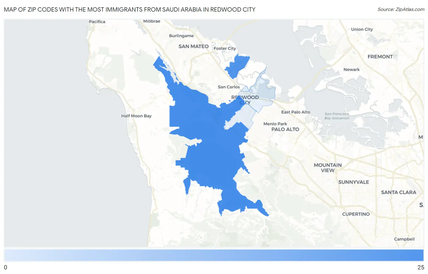 Zip Codes with the Most Immigrants from Saudi Arabia in Redwood City Map