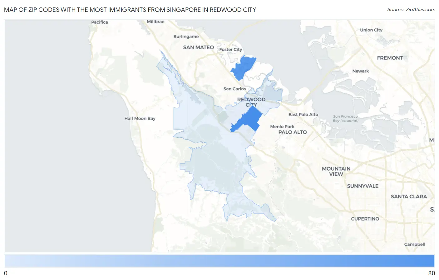 Zip Codes with the Most Immigrants from Singapore in Redwood City Map