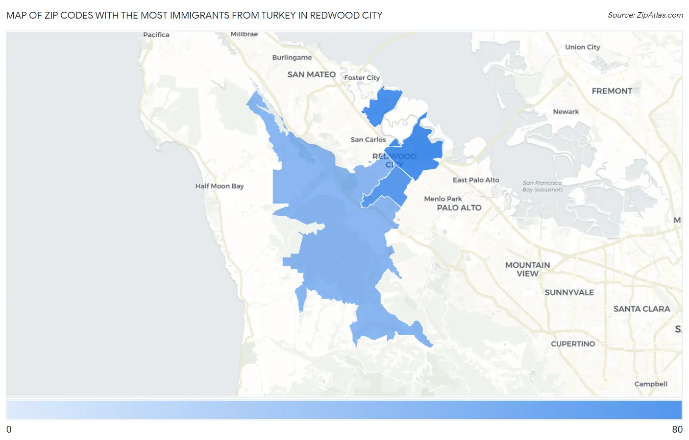 Zip Codes with the Most Immigrants from Turkey in Redwood City Map