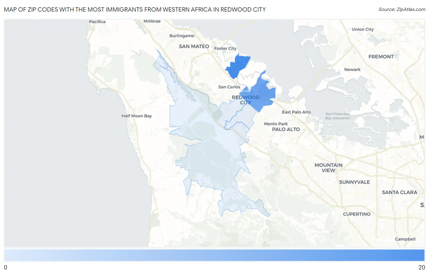 Zip Codes with the Most Immigrants from Western Africa in Redwood City Map