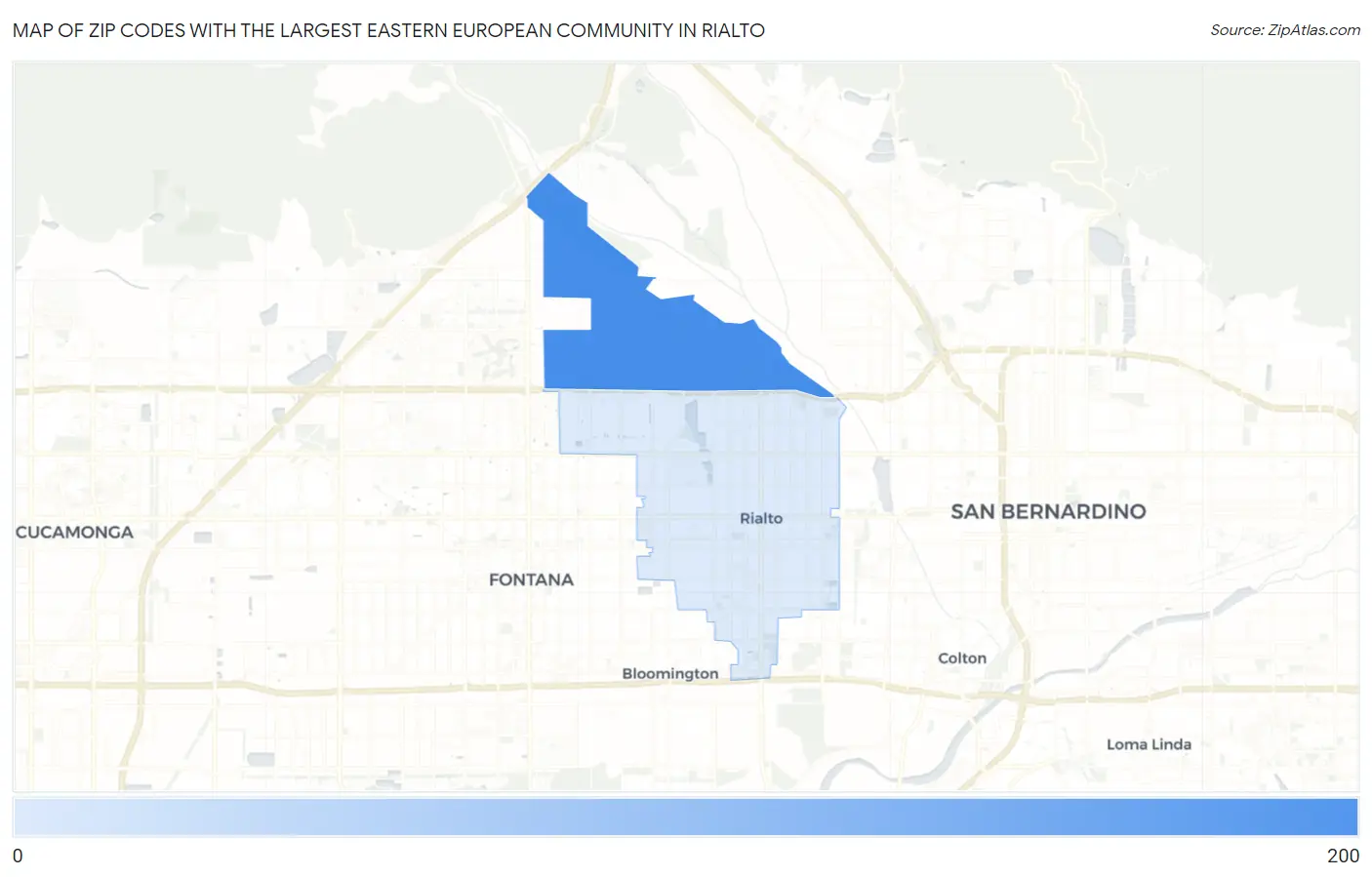 Zip Codes with the Largest Eastern European Community in Rialto Map