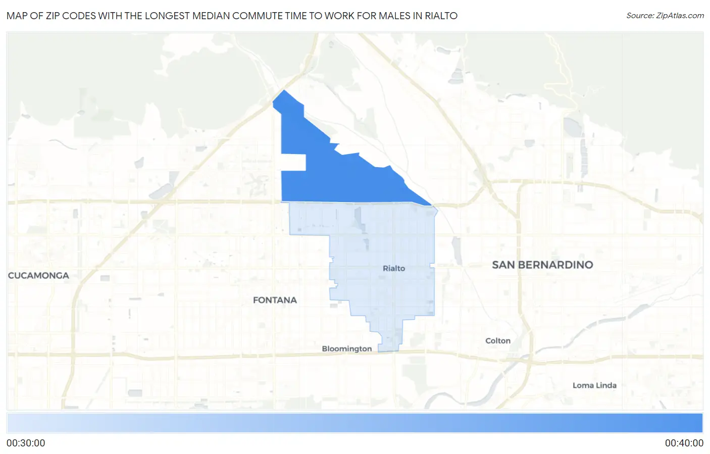 Zip Codes with the Longest Median Commute Time to Work for Males in Rialto Map