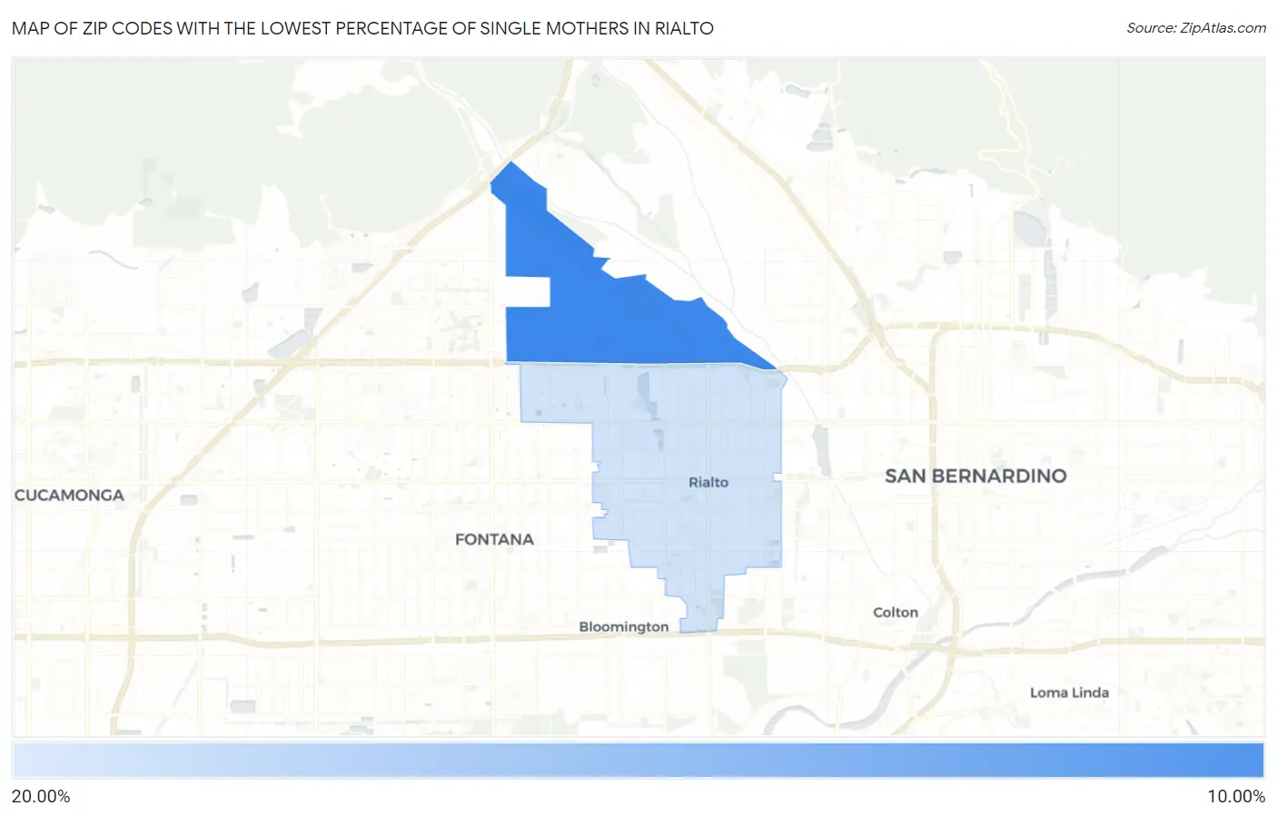 Zip Codes with the Lowest Percentage of Single Mothers in Rialto Map
