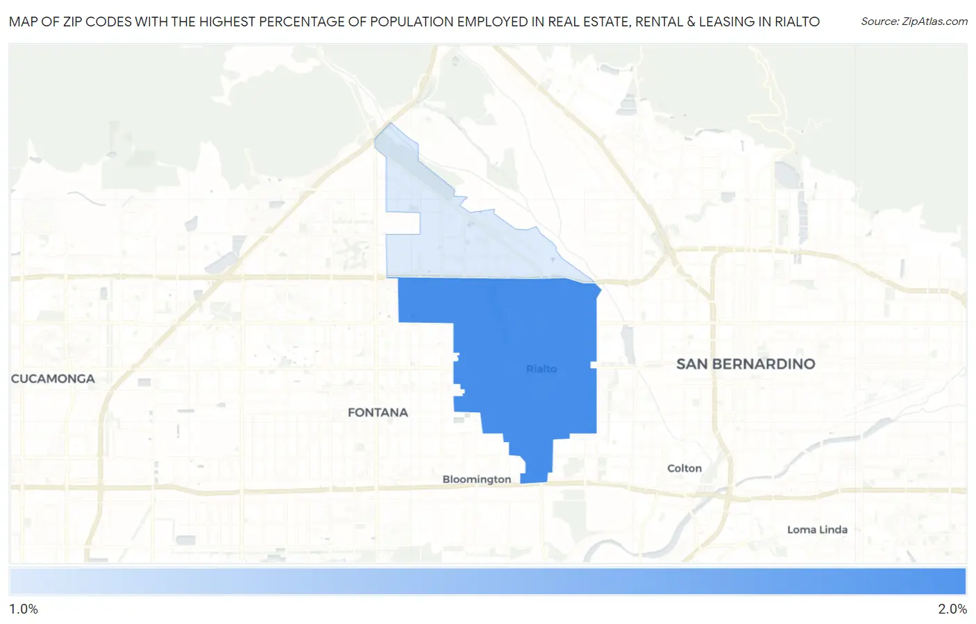 Zip Codes with the Highest Percentage of Population Employed in Real Estate, Rental & Leasing in Rialto Map