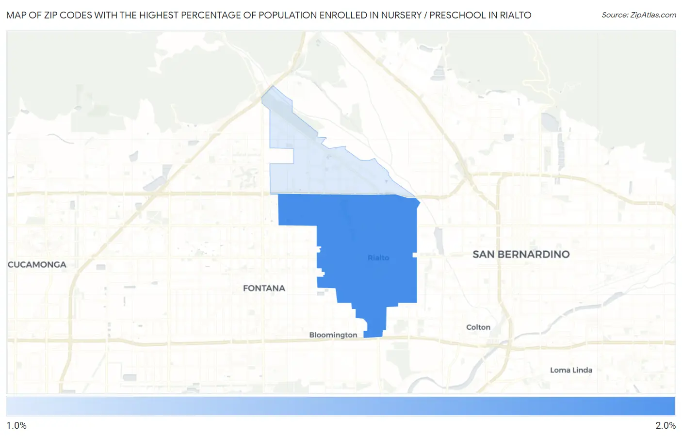 Zip Codes with the Highest Percentage of Population Enrolled in Nursery / Preschool in Rialto Map