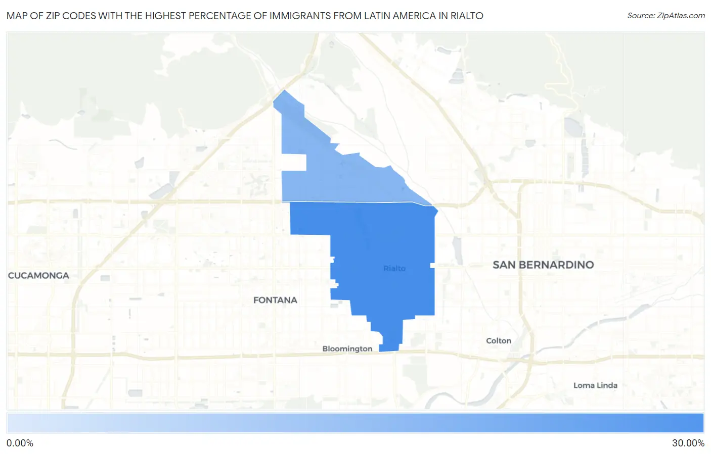 Zip Codes with the Highest Percentage of Immigrants from Latin America in Rialto Map