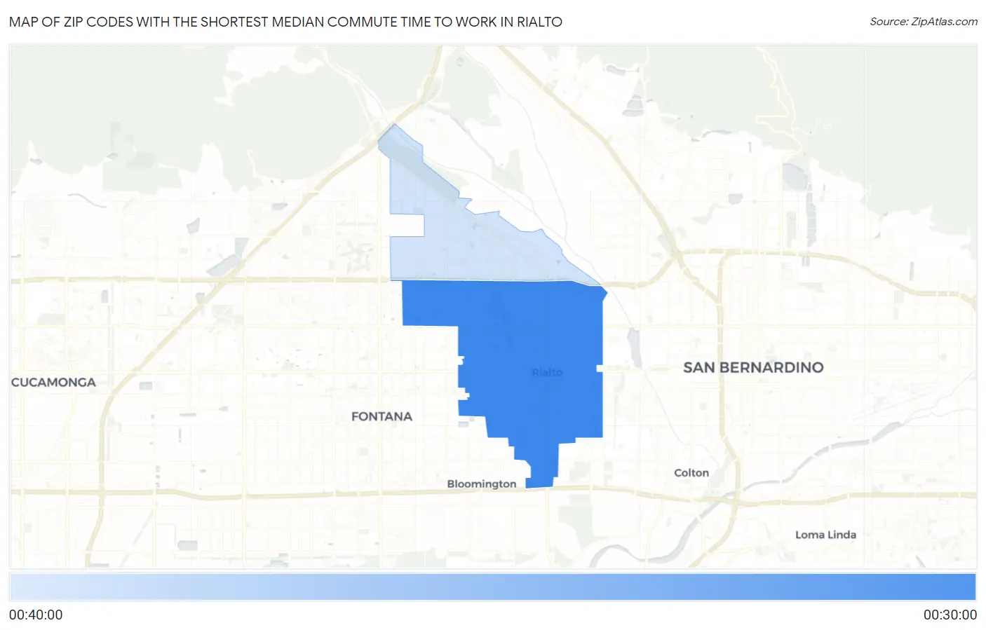 Zip Codes with the Shortest Median Commute Time to Work in Rialto Map