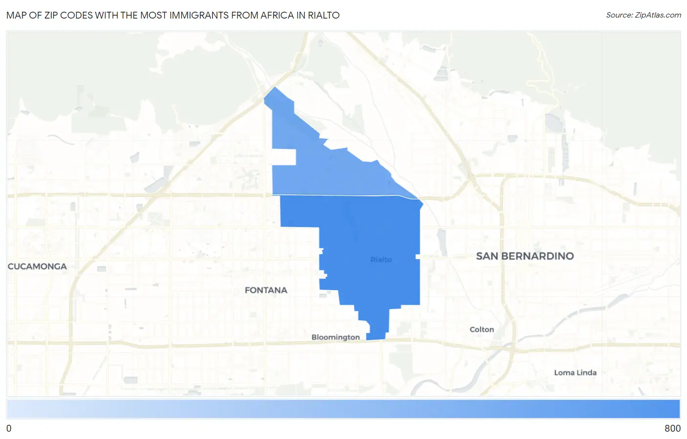 Zip Codes with the Most Immigrants from Africa in Rialto Map