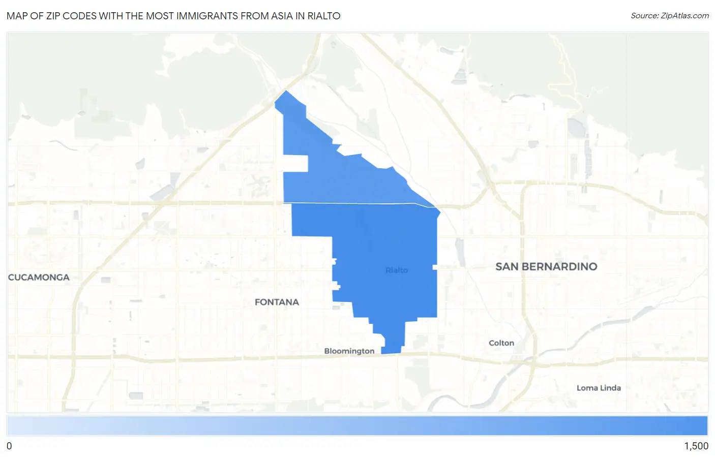 Zip Codes with the Most Immigrants from Asia in Rialto Map