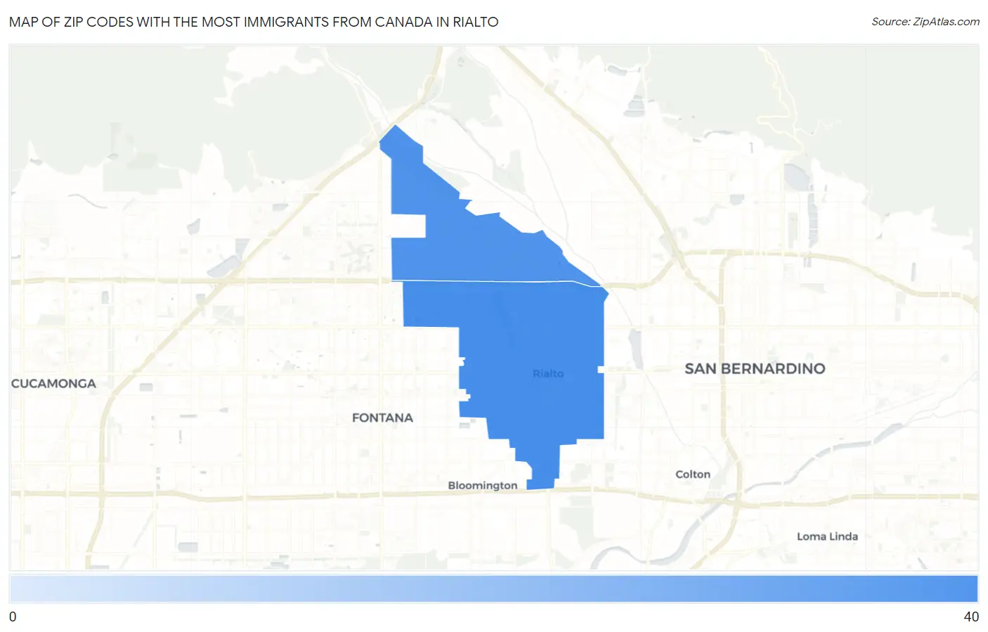 Zip Codes with the Most Immigrants from Canada in Rialto Map
