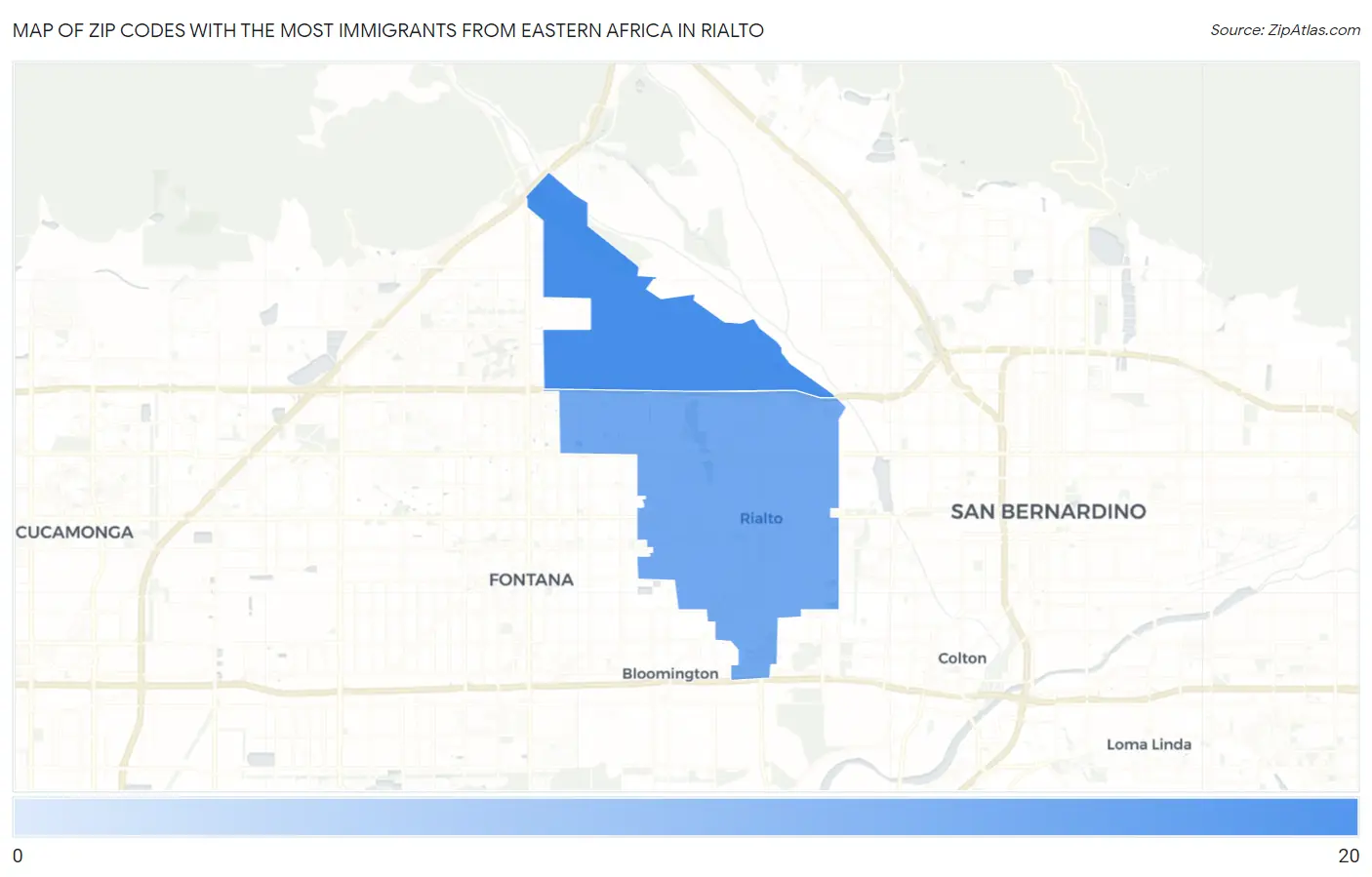 Zip Codes with the Most Immigrants from Eastern Africa in Rialto Map