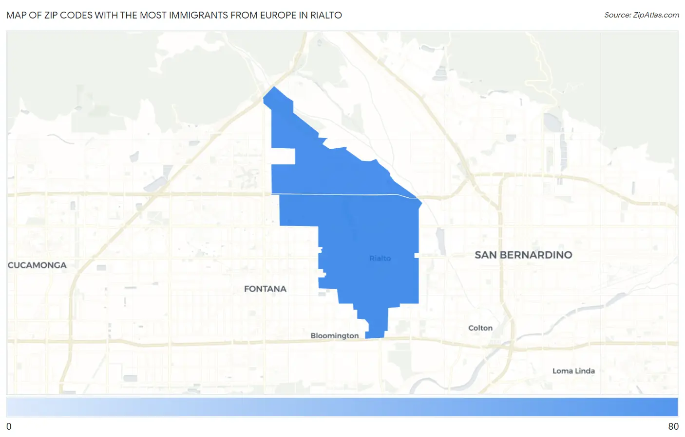 Zip Codes with the Most Immigrants from Europe in Rialto Map