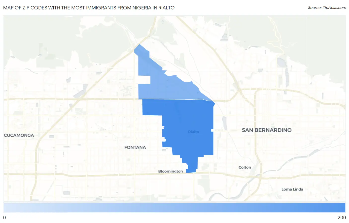 Zip Codes with the Most Immigrants from Nigeria in Rialto Map