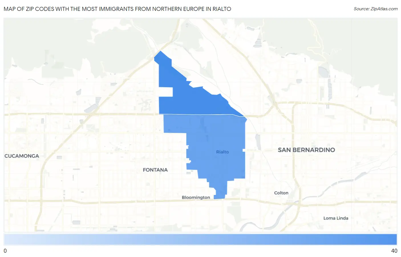 Zip Codes with the Most Immigrants from Northern Europe in Rialto Map
