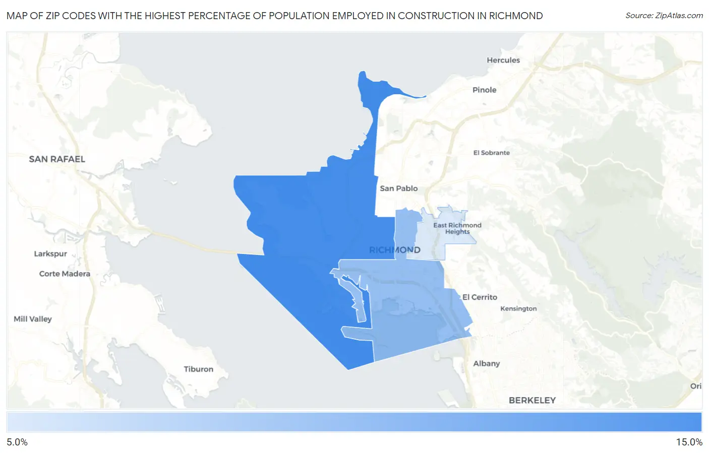 Zip Codes with the Highest Percentage of Population Employed in Construction in Richmond Map