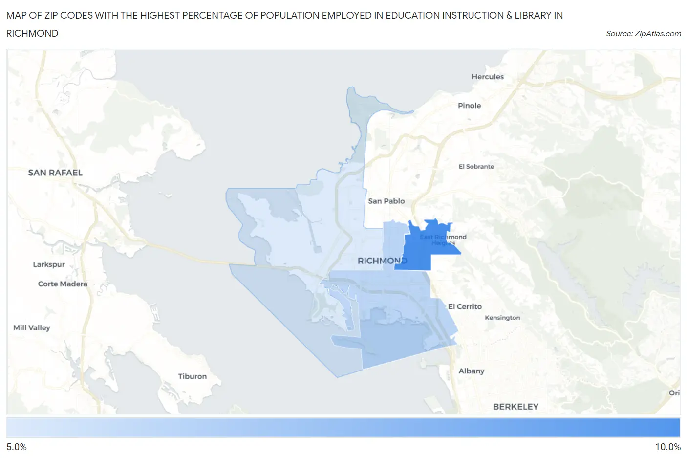 Zip Codes with the Highest Percentage of Population Employed in Education Instruction & Library in Richmond Map