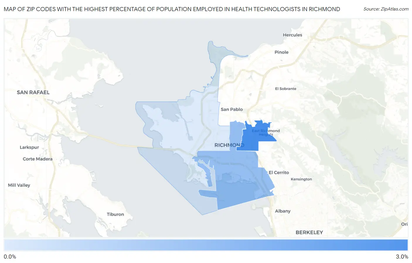 Zip Codes with the Highest Percentage of Population Employed in Health Technologists in Richmond Map