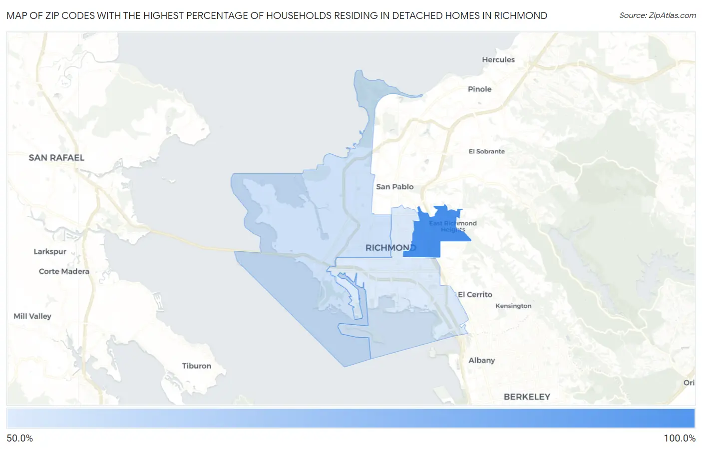 Zip Codes with the Highest Percentage of Households Residing in Detached Homes in Richmond Map