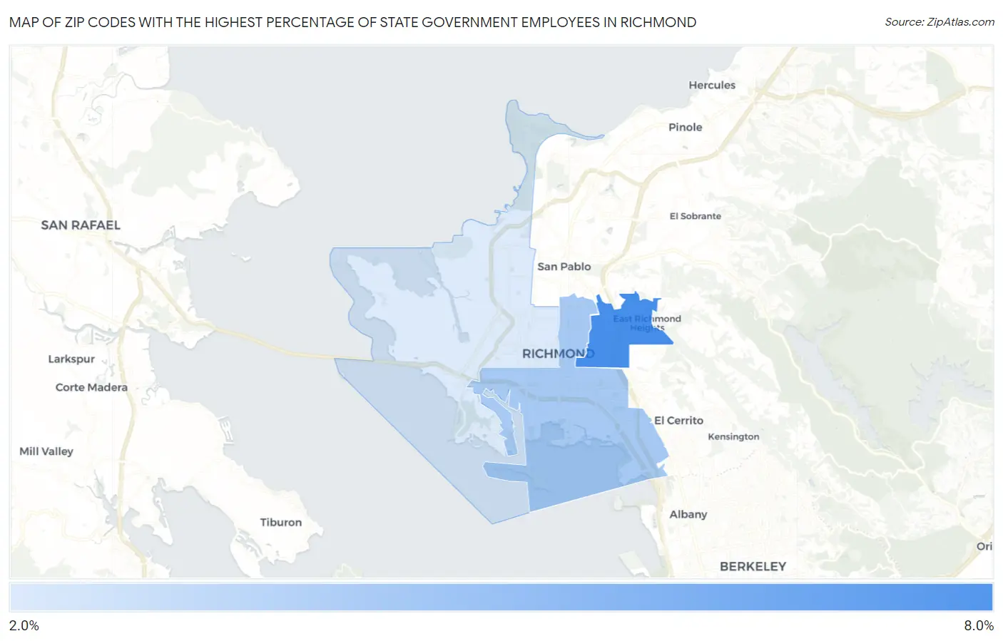 Zip Codes with the Highest Percentage of State Government Employees in Richmond Map