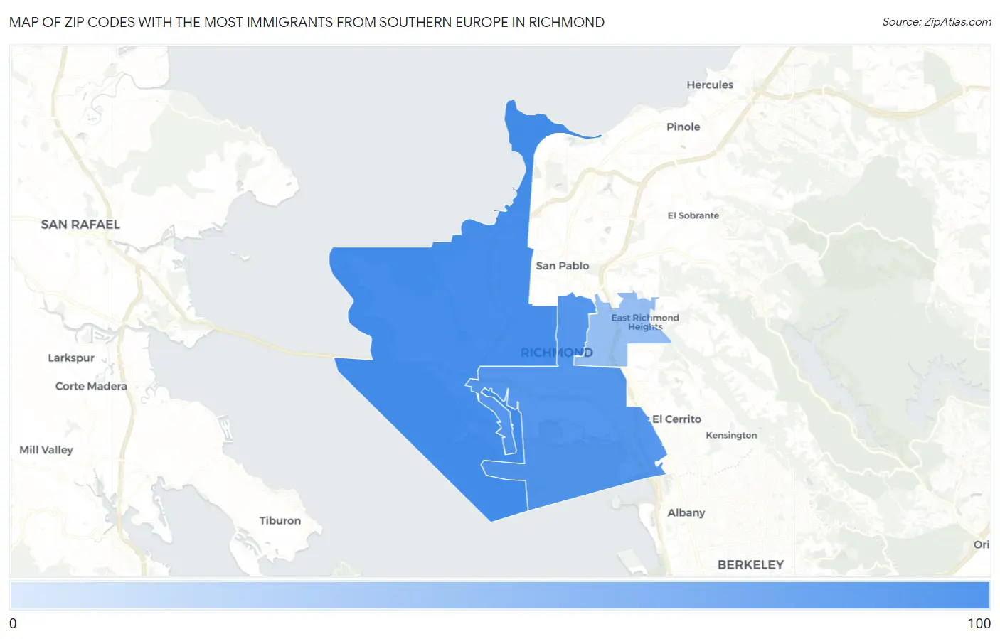Zip Codes with the Most Immigrants from Southern Europe in Richmond Map
