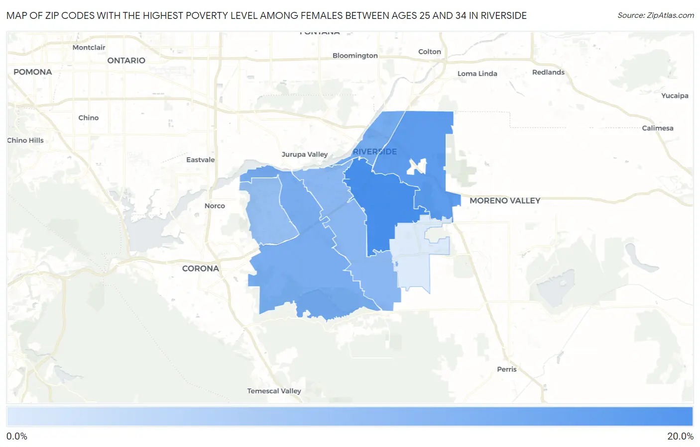 Zip Codes with the Highest Poverty Level Among Females Between Ages 25 and 34 in Riverside Map