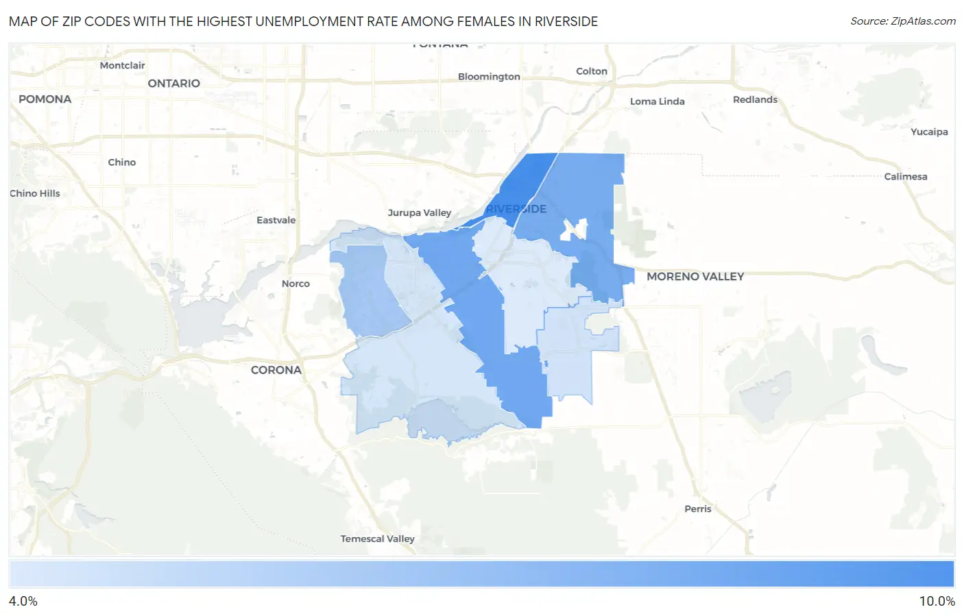 Zip Codes with the Highest Unemployment Rate Among Females in Riverside Map