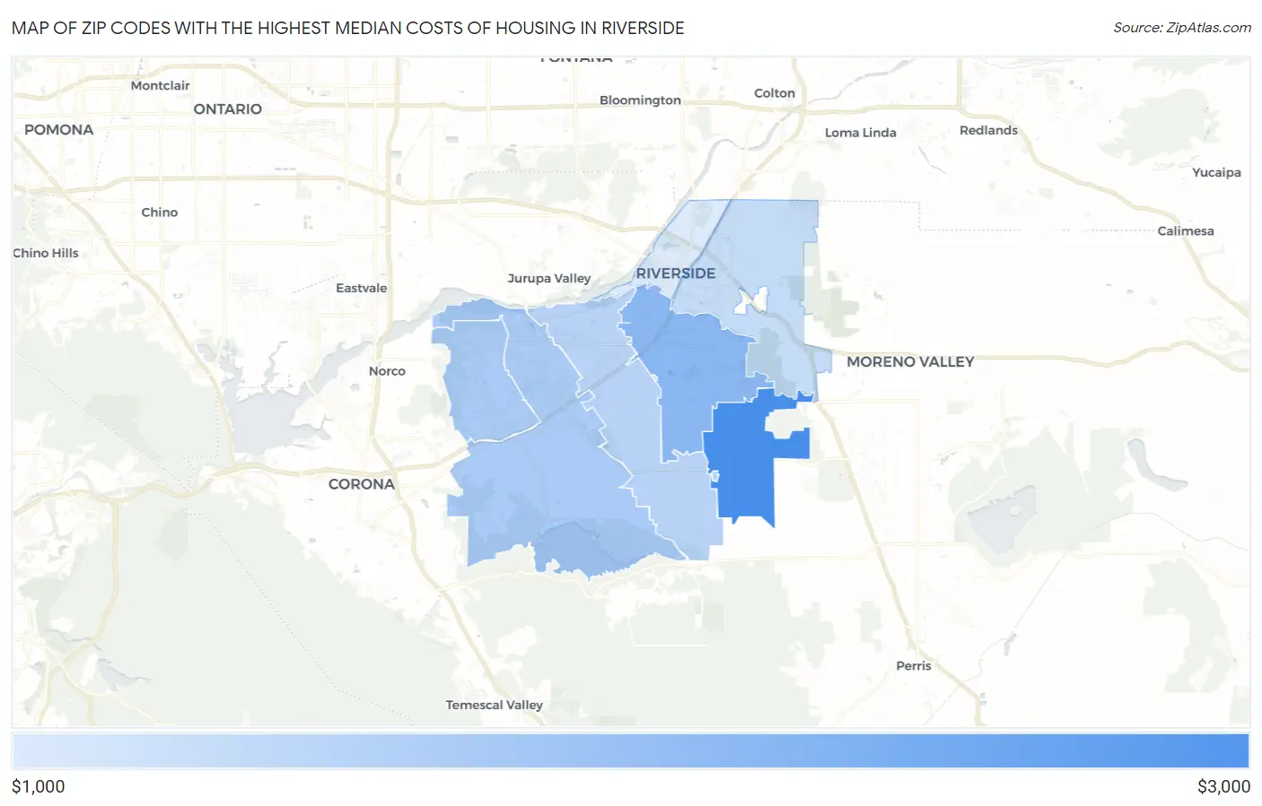 Zip Codes with the Highest Median Costs of Housing in Riverside Map