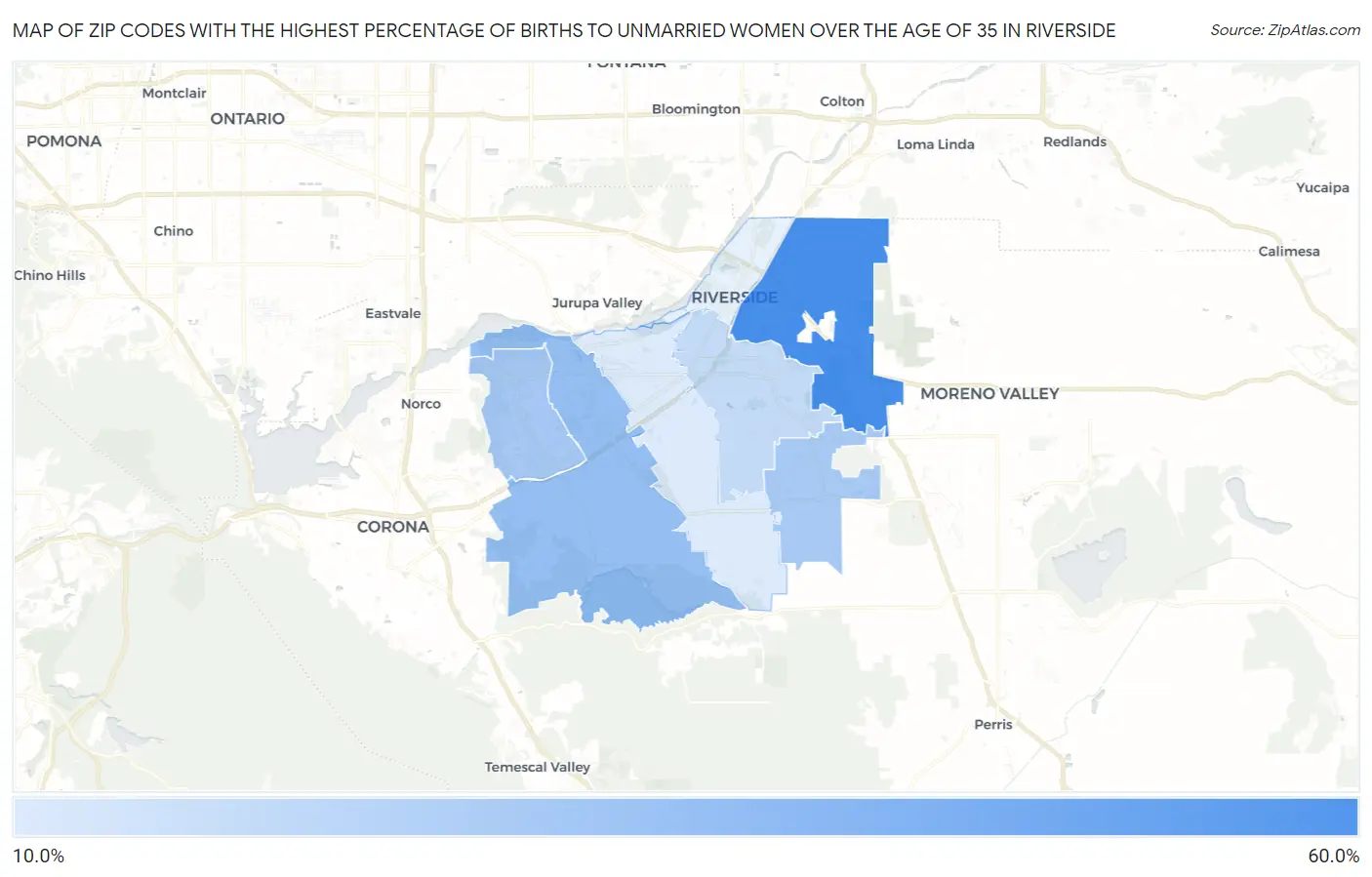 Zip Codes with the Highest Percentage of Births to Unmarried Women over the Age of 35 in Riverside Map