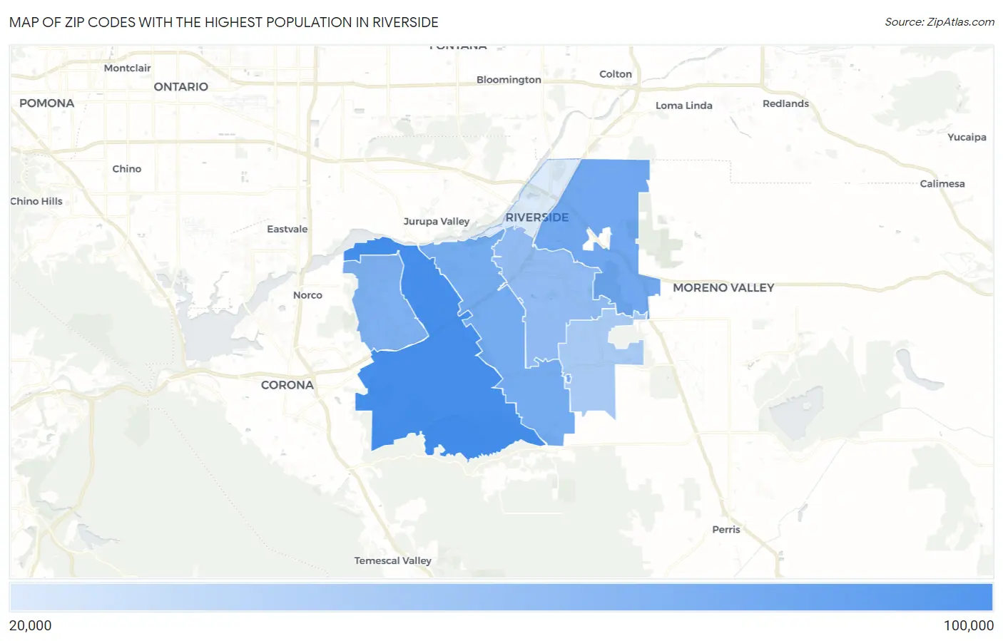 Zip Codes with the Highest Population in Riverside Map