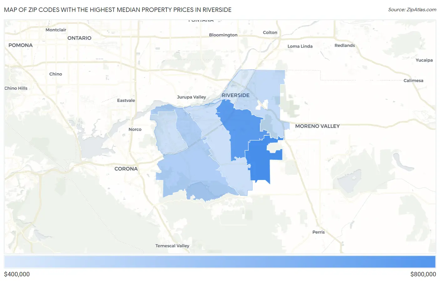 Zip Codes with the Highest Median Property Prices in Riverside Map