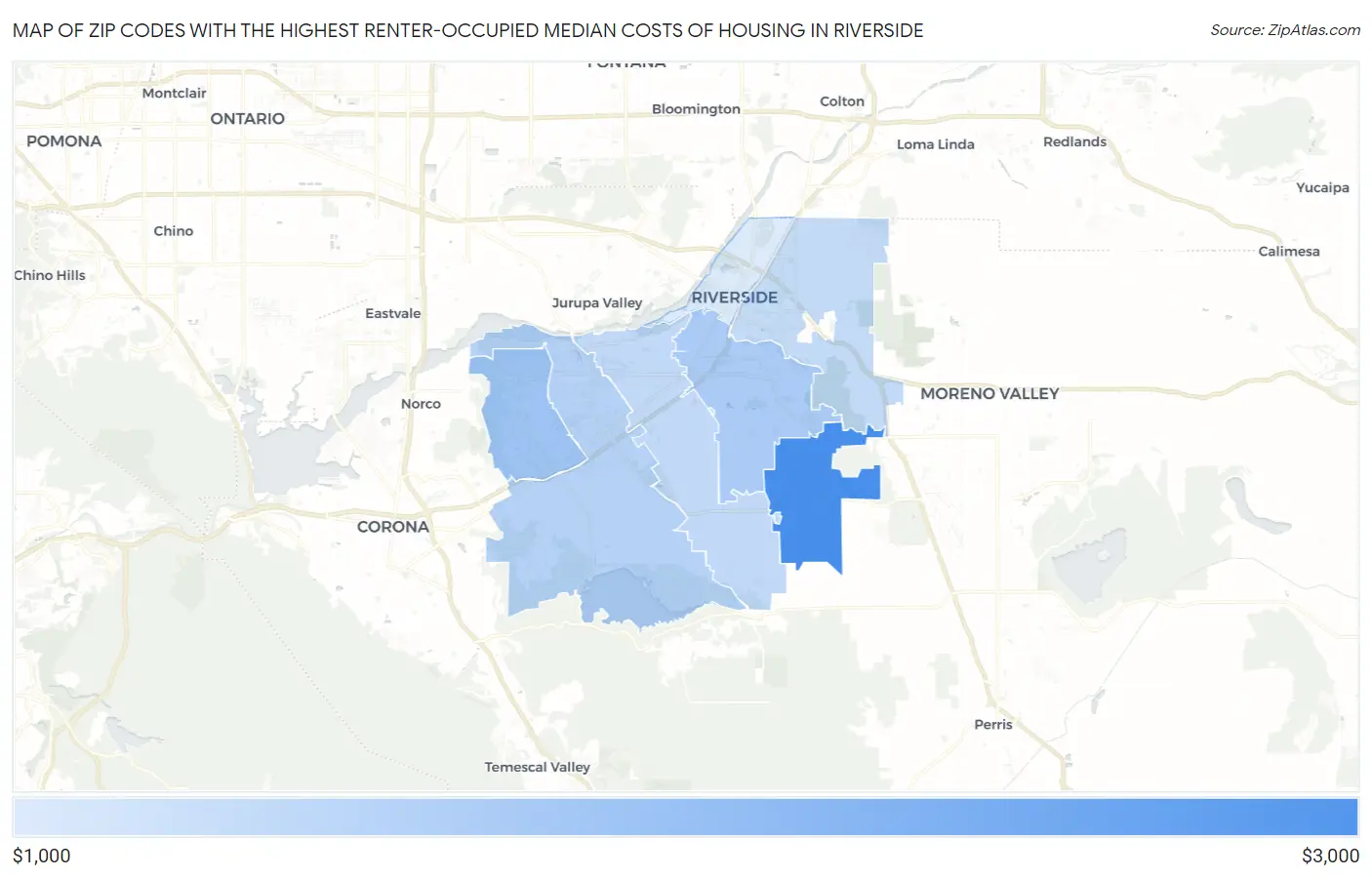 Zip Codes with the Highest Renter-Occupied Median Costs of Housing in Riverside Map