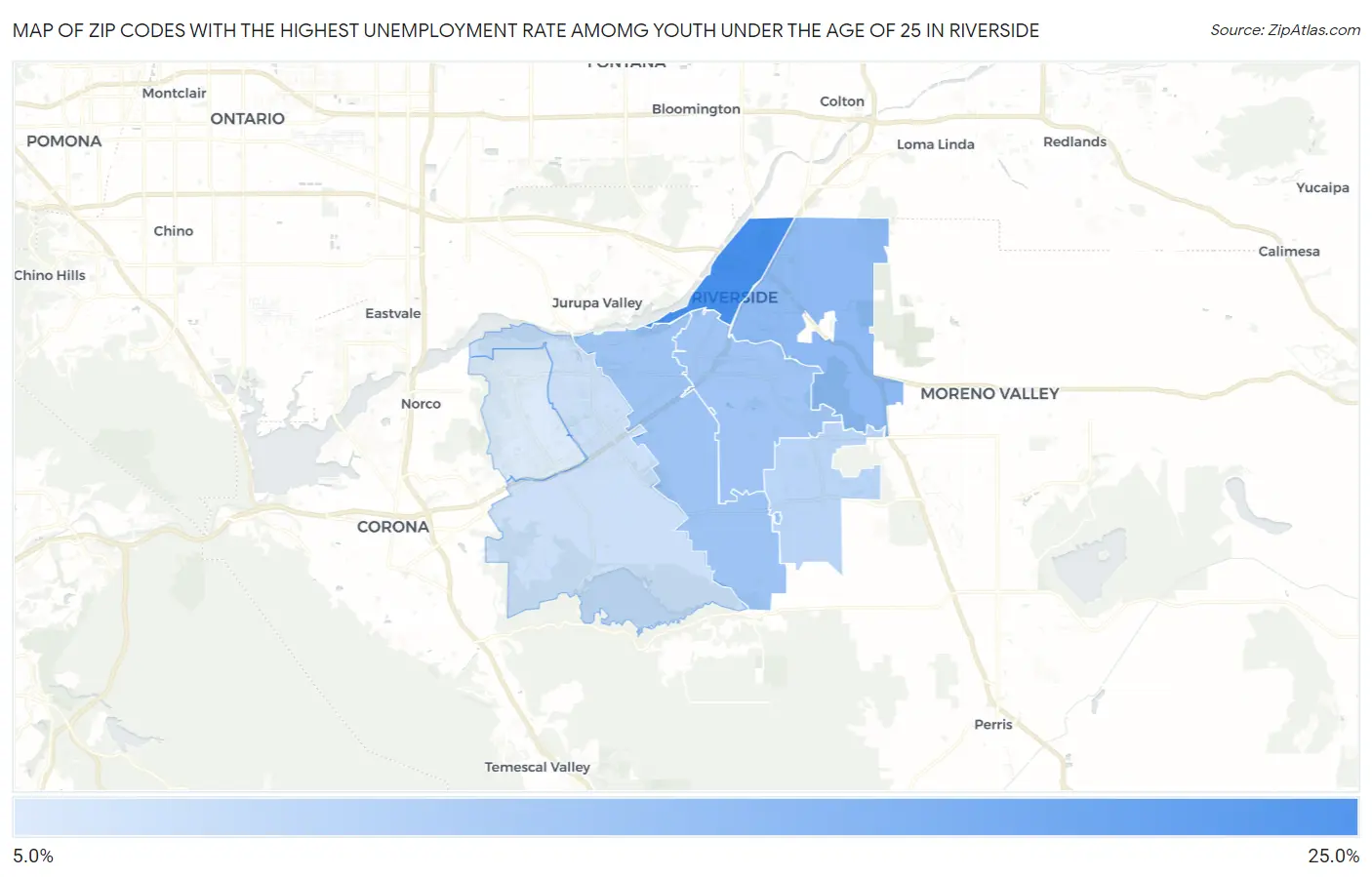 Zip Codes with the Highest Unemployment Rate Amomg Youth Under the Age of 25 in Riverside Map