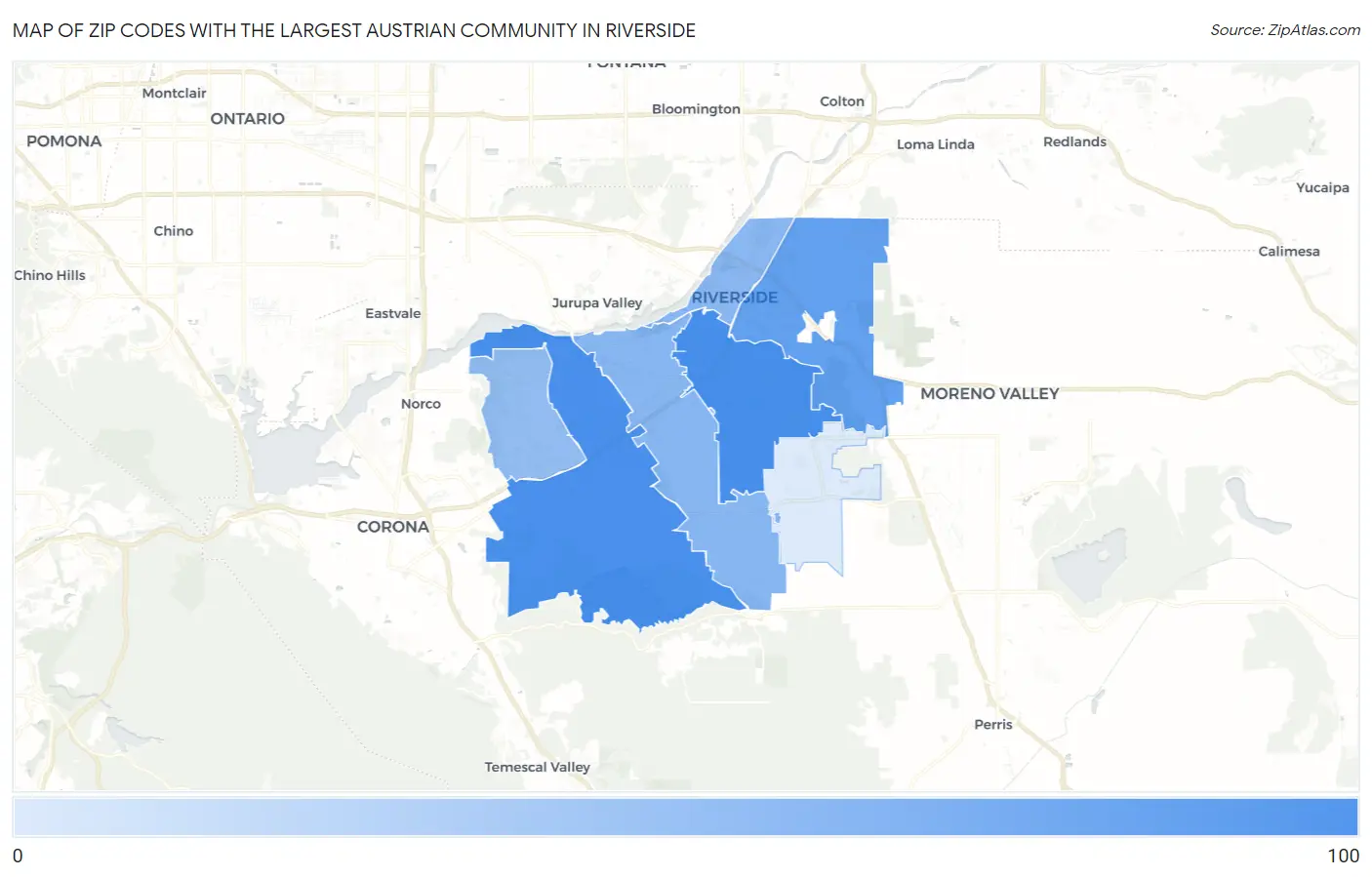 Zip Codes with the Largest Austrian Community in Riverside Map